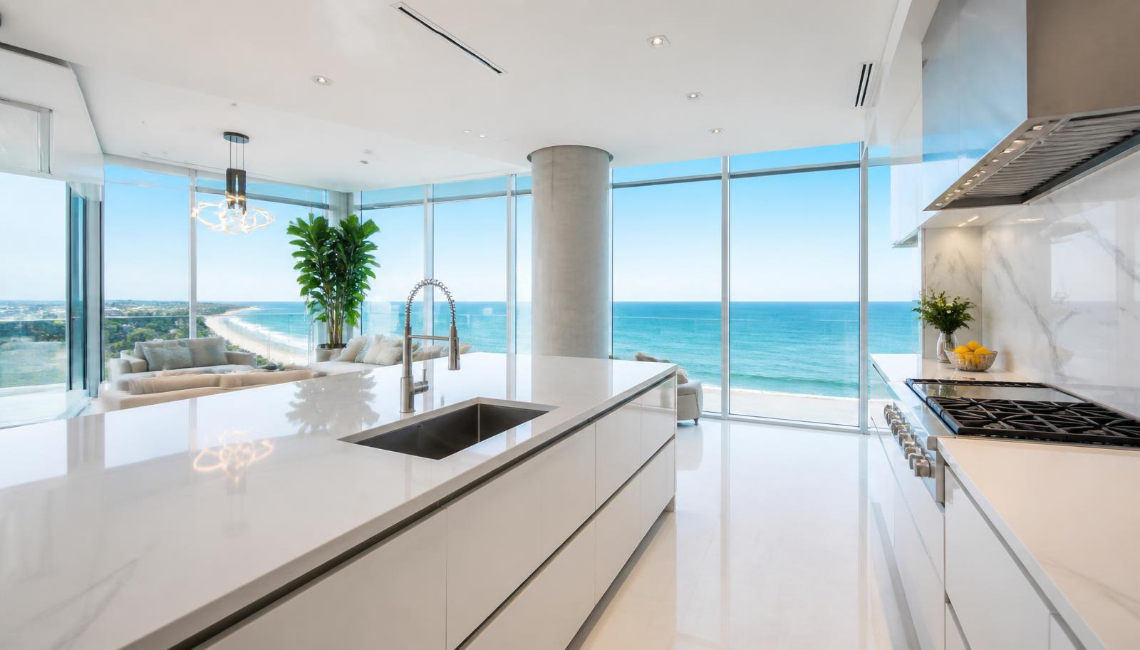 Modern penthouse kitchen with ocean view and marble countertops