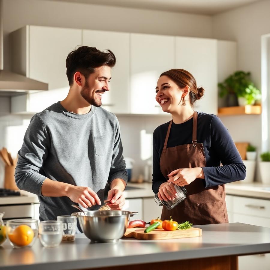 Couple cooking together with kitchen gadgets