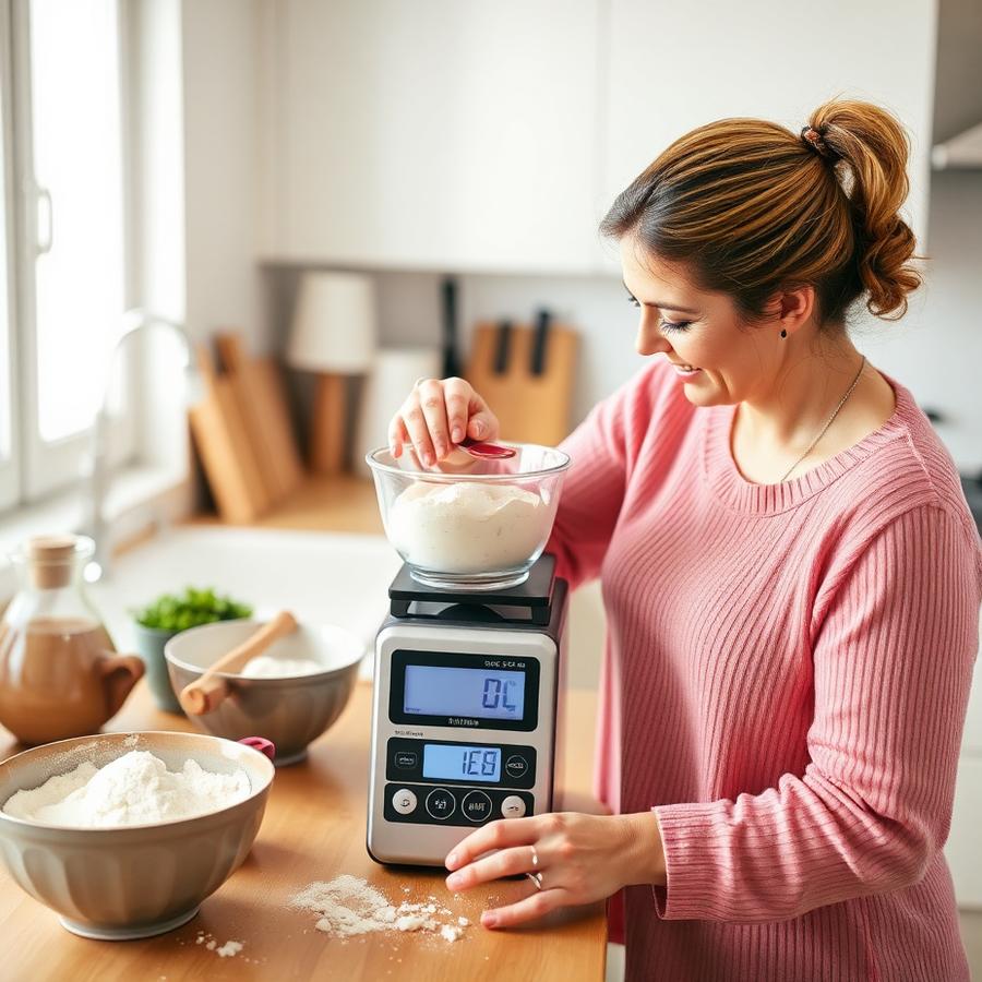 Woman weighing baking ingredients on a digital food scale