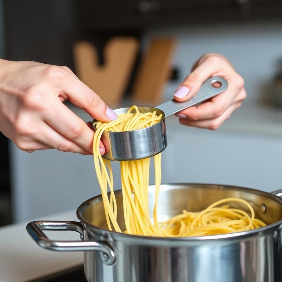 Measuring spaghetti portions with a stainless steel pasta measurer