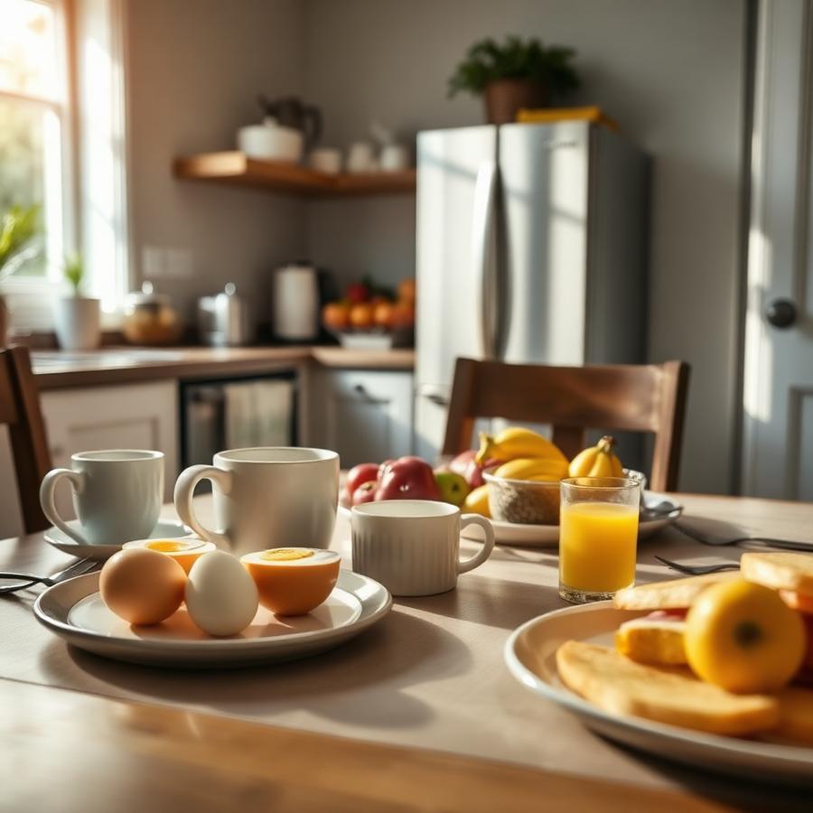 Breakfast table with perfectly boiled eggs and coffee