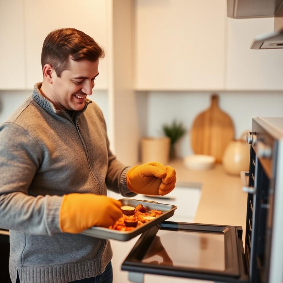 Man using oven mitts to take a hot tray out of the oven